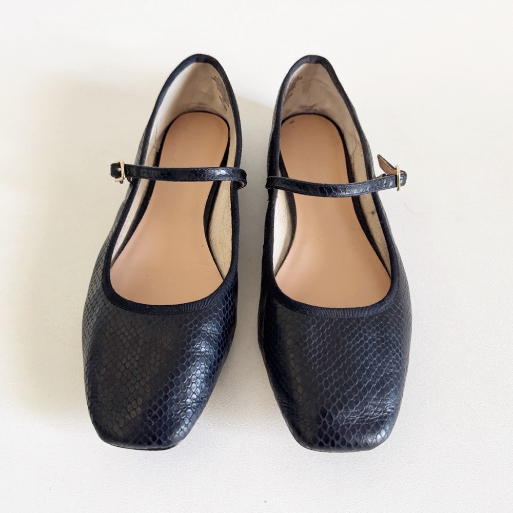 J. Crew Quinn Square Toe Mary Jane Flat Shoe 10 Black Snake Embossed Classic - Picture 4 of 10